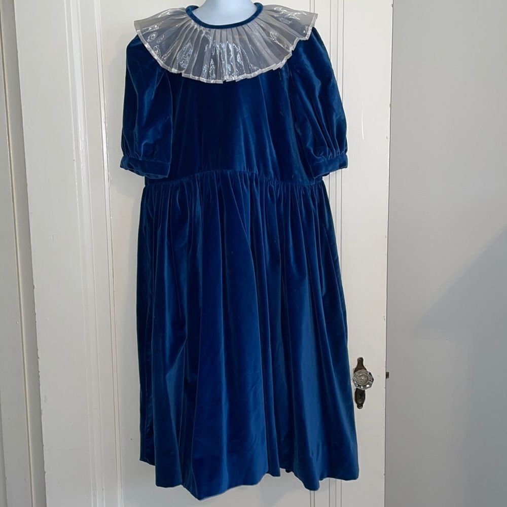 Strasburg Lace blue velvet party dress with white pleated ruff neckline